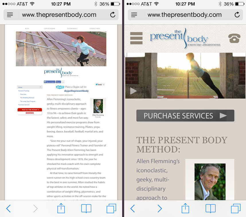The Present Body before (left) and after (right) converting to a mobile-ready web site.